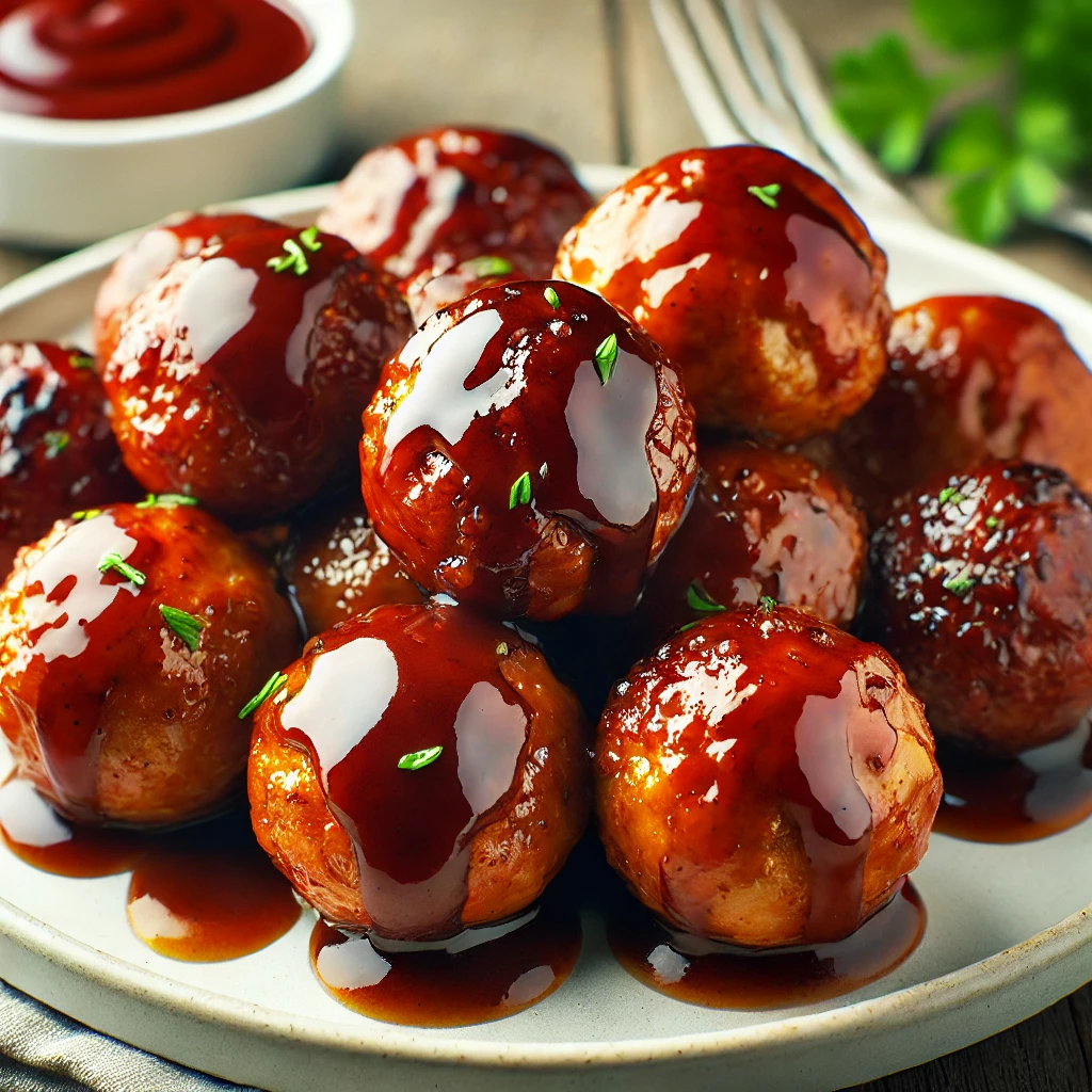 Juicy air fryer BBQ chicken meatballs coated in smoky barbecue sauce