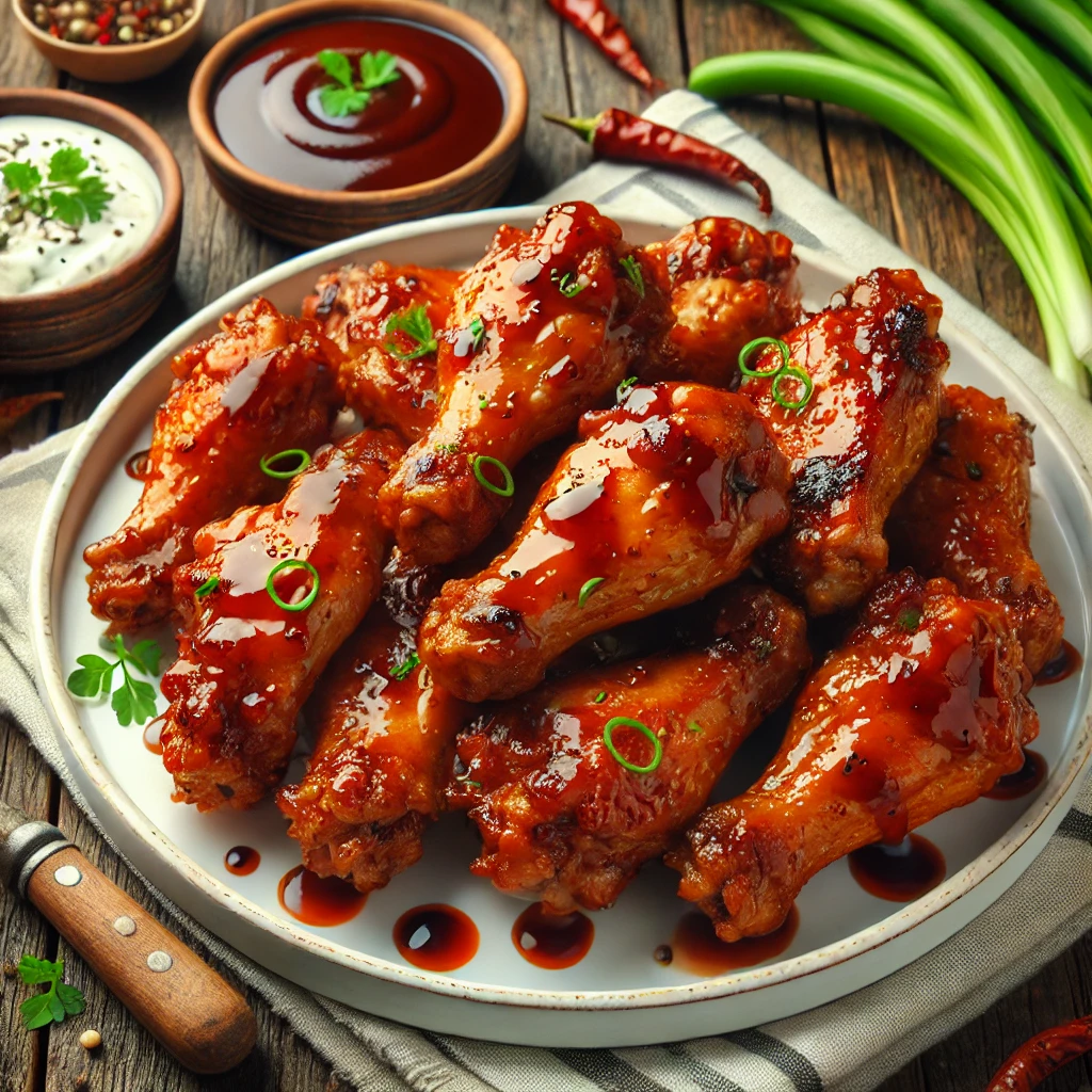 Crispy air fryer BBQ chicken wings coated in smoky barbecue sauce