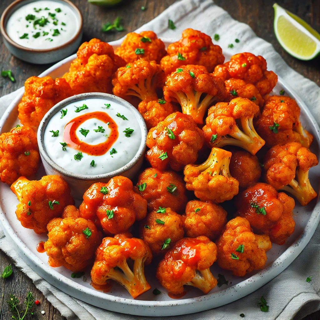 Spicy air fryer buffalo cauliflower bites with crispy coating and hot sauce