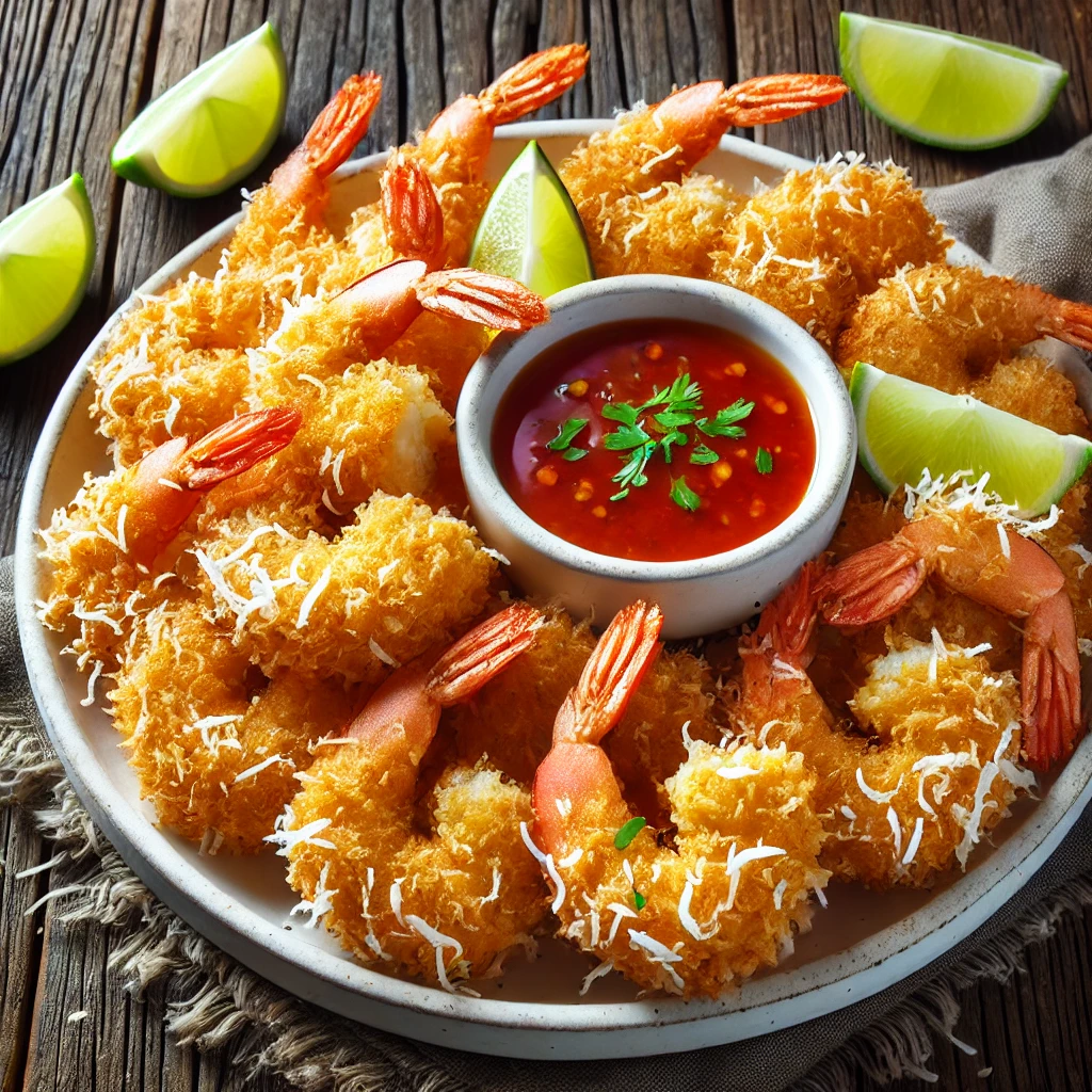 Crispy air fryer coconut shrimp with golden coating and sweet dipping sauce