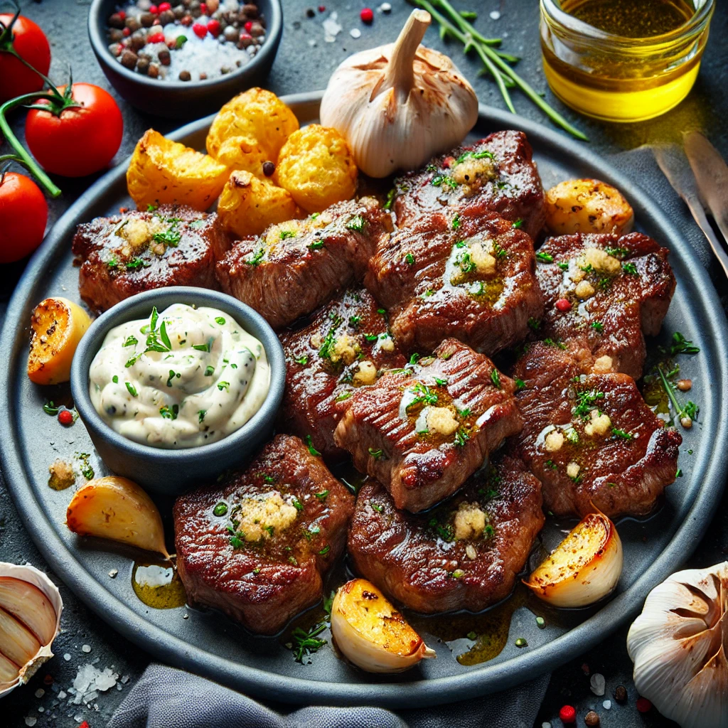 Juicy air fryer steak bites tossed in garlic butter with herbs and seasoning