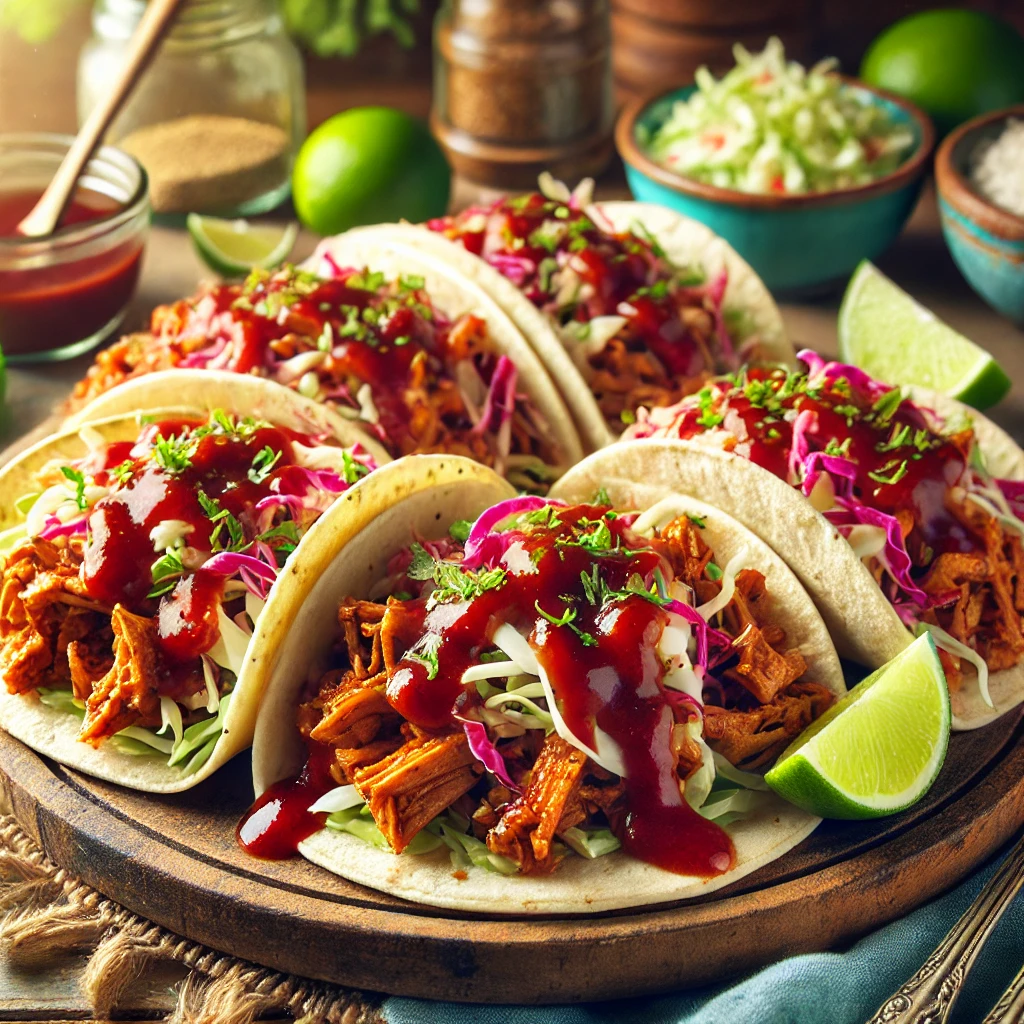 BBQ jackfruit tacos filled with tender jackfruit, smoky BBQ sauce, and fresh toppings