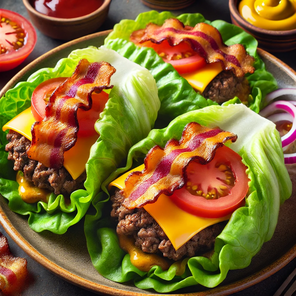 Bacon cheeseburger lettuce wraps with juicy beef patties, crispy bacon, and fresh lettuce
