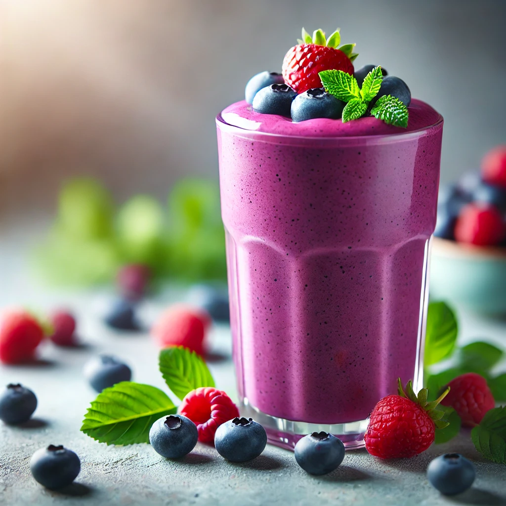 Berry blast protein smoothie with a mix of fresh berries, protein powder, and almond milk