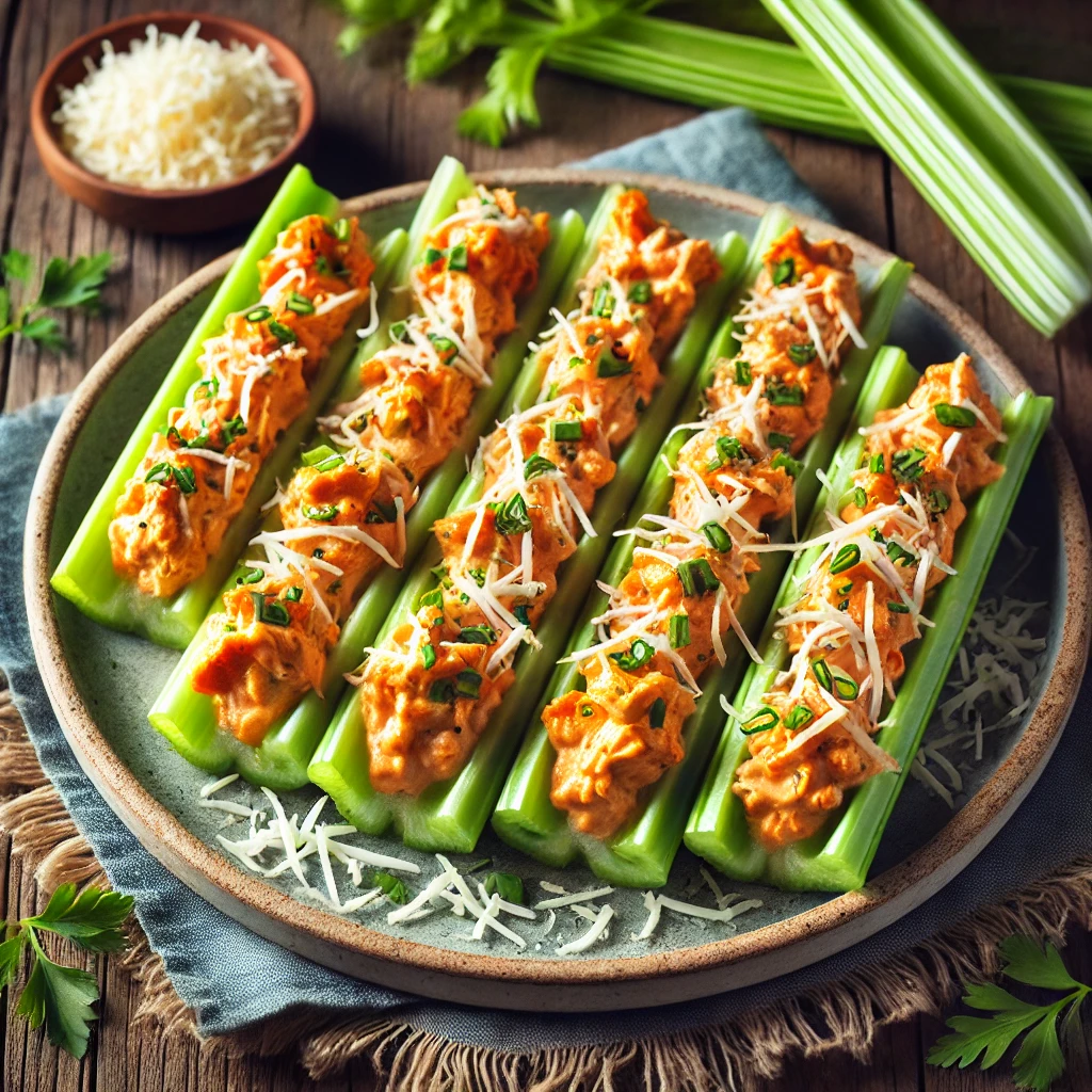 Buffalo chicken celery sticks stuffed with spicy shredded chicken and creamy dressing
