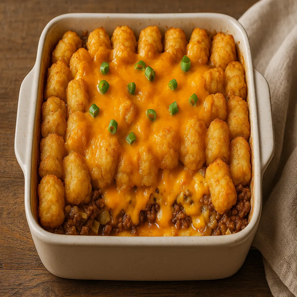 Cheeseburger Tater Tot Casserole with crispy golden tots, melted cheese, and seasoned beef baked in a skillet