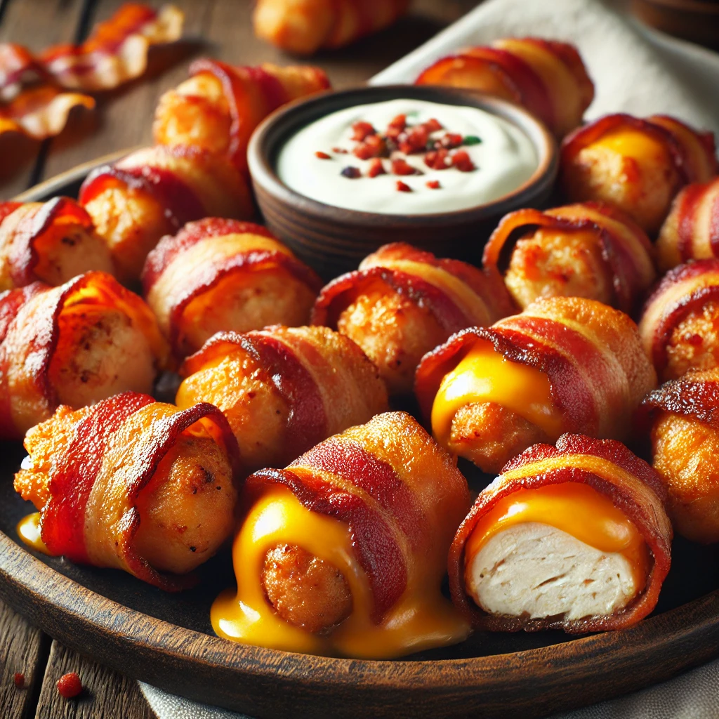 Cheesy bacon-wrapped chicken bites with melted cheese and crispy bacon