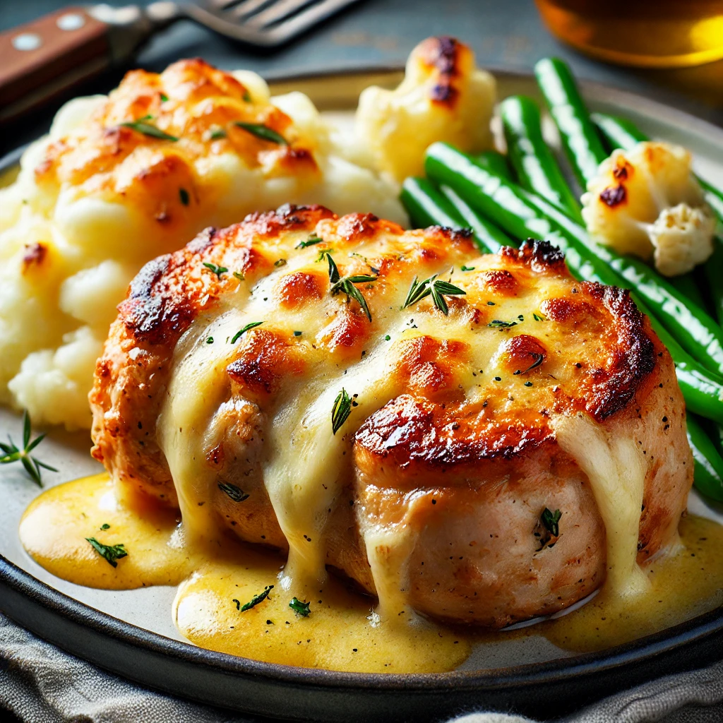 Cheesy baked stuffed pork chops with herbs and cheese
