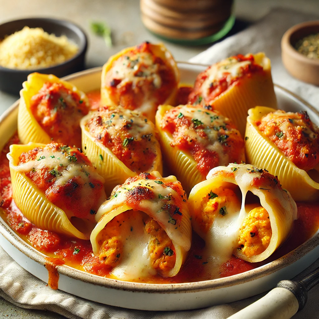 Cheesy vegan stuffed shells filled with dairy-free ricotta and marinara sauce