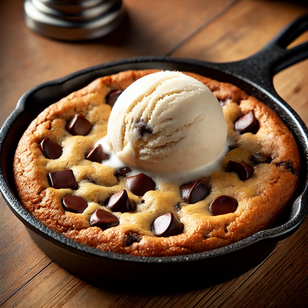 Warm chocolate chip cookie skillet topped with gooey chocolate chips and a crispy edge