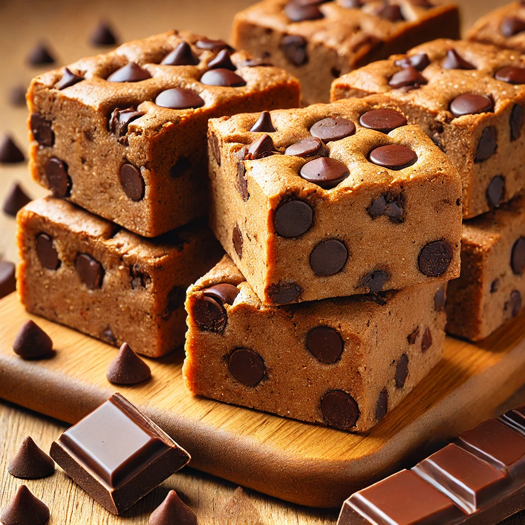 Chocolate chip protein cookie bars with a soft, chewy texture and a sweet chocolate chip filling