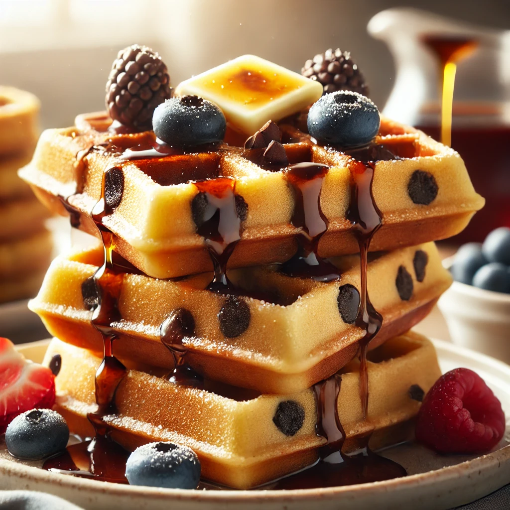 Chocolate chip protein waffles with a fluffy texture and sweet chocolate chips