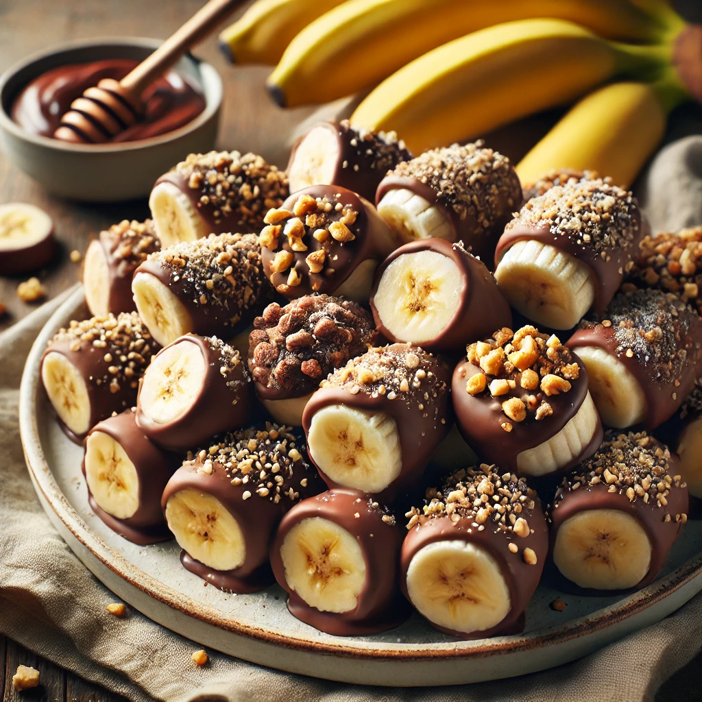 Chocolate-dipped frozen banana bites coated in rich dark chocolate and chilled