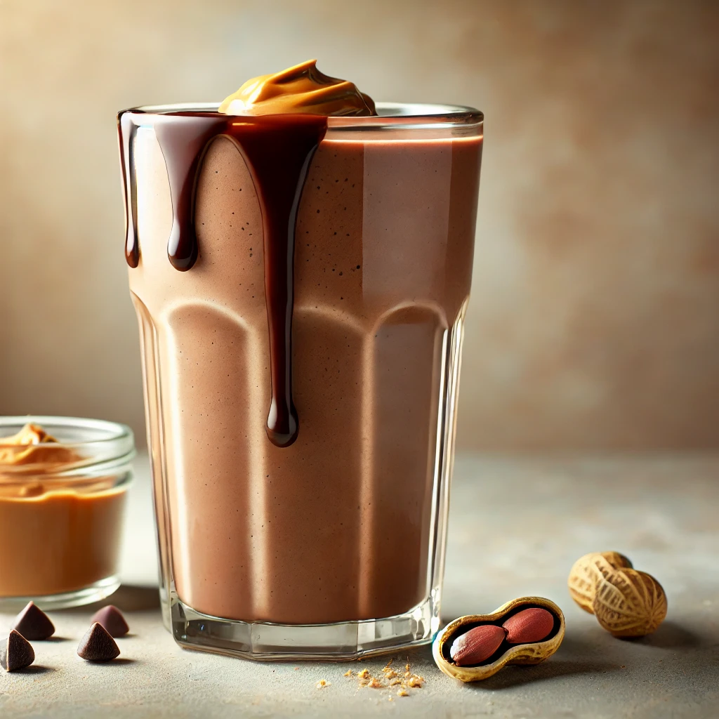 Chocolate peanut butter protein shake with creamy peanut butter, cocoa, and protein powder