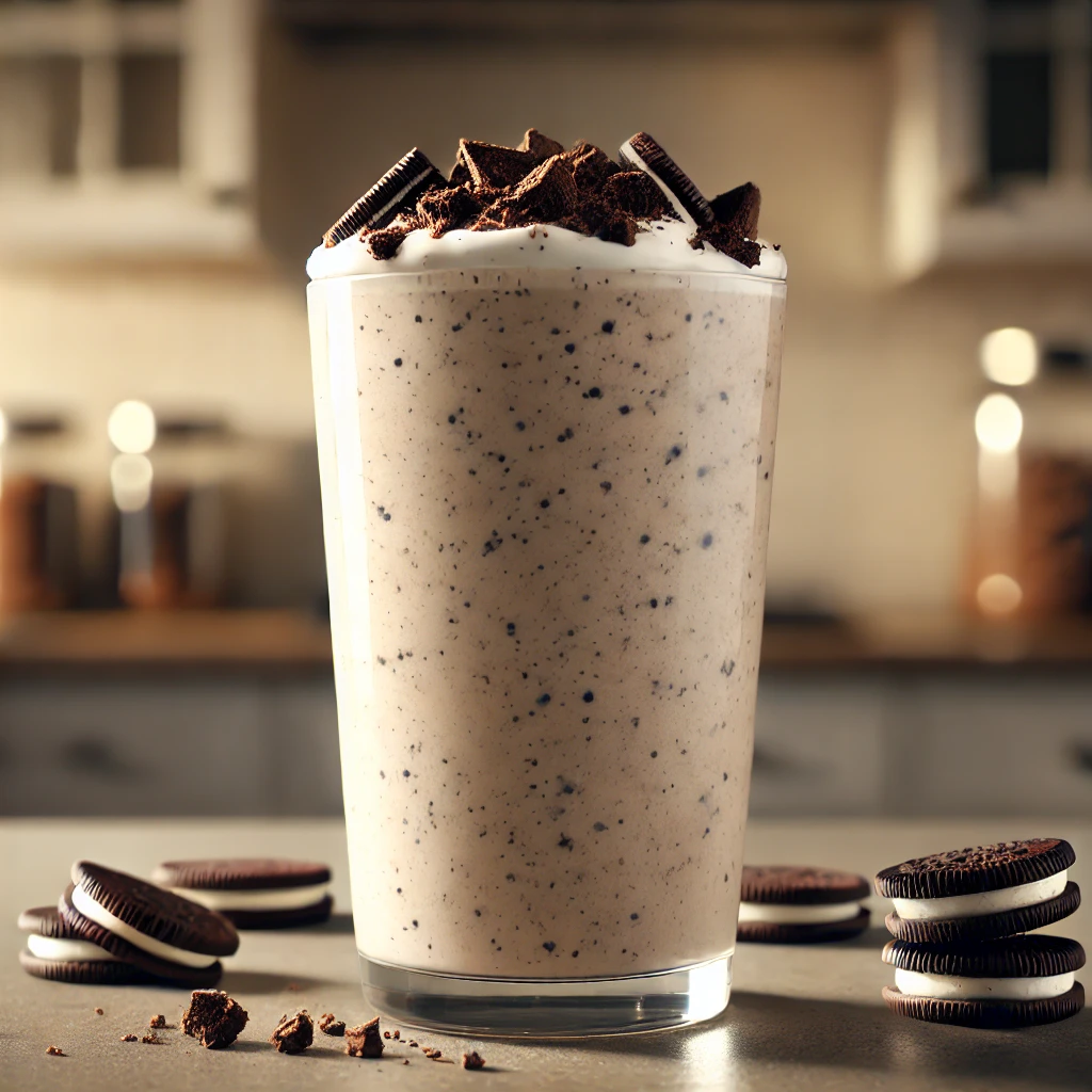 Cookies and cream protein shake with protein powder, milk, and crushed cookie pieces