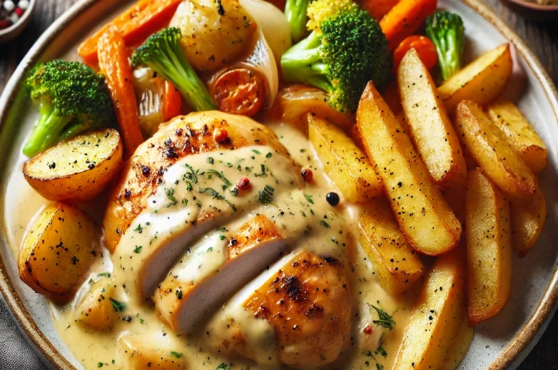 🍗 Creamy Garlic Chicken with Roasted Potatoes & Veggies