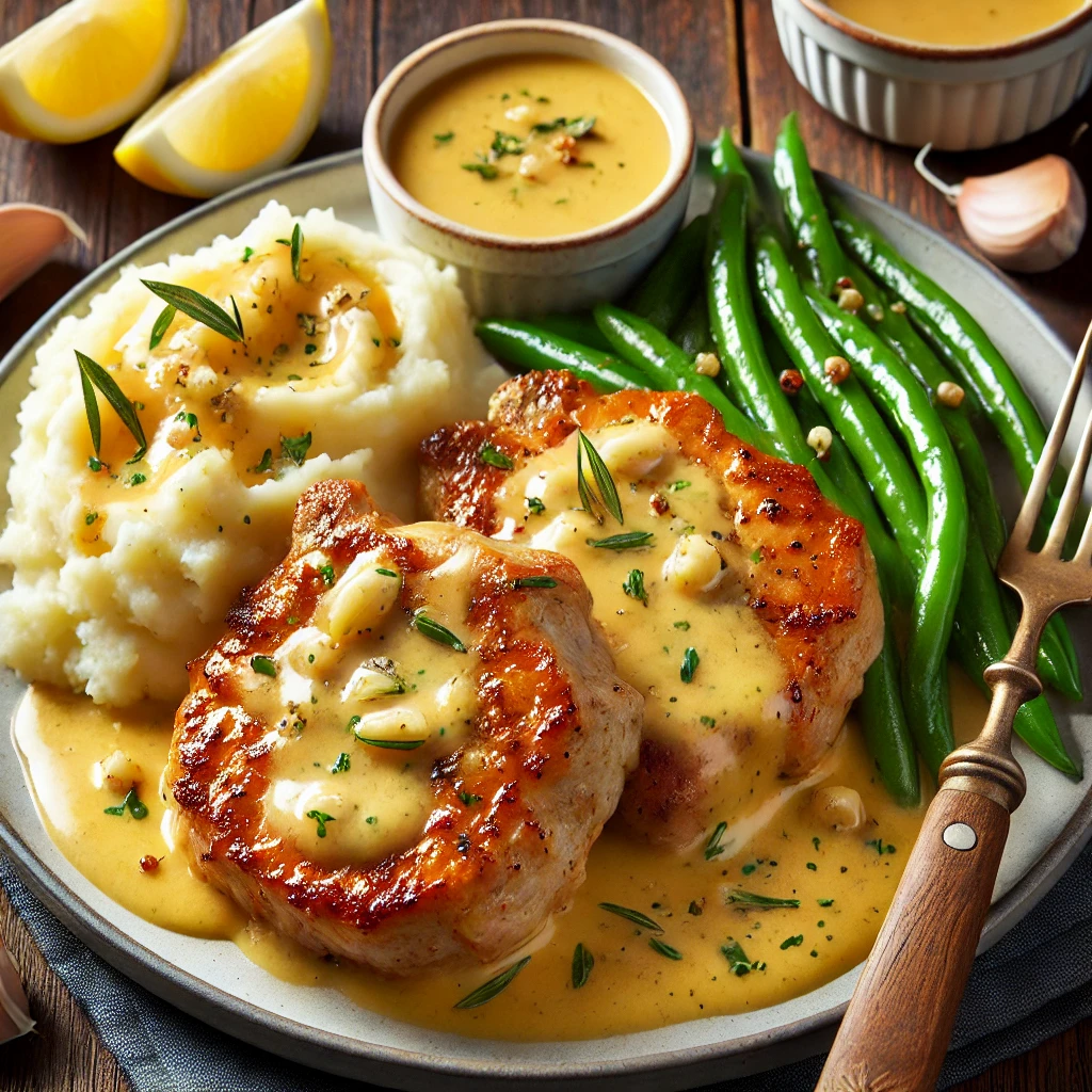 Creamy lemon garlic pork chops with herbs and sauce