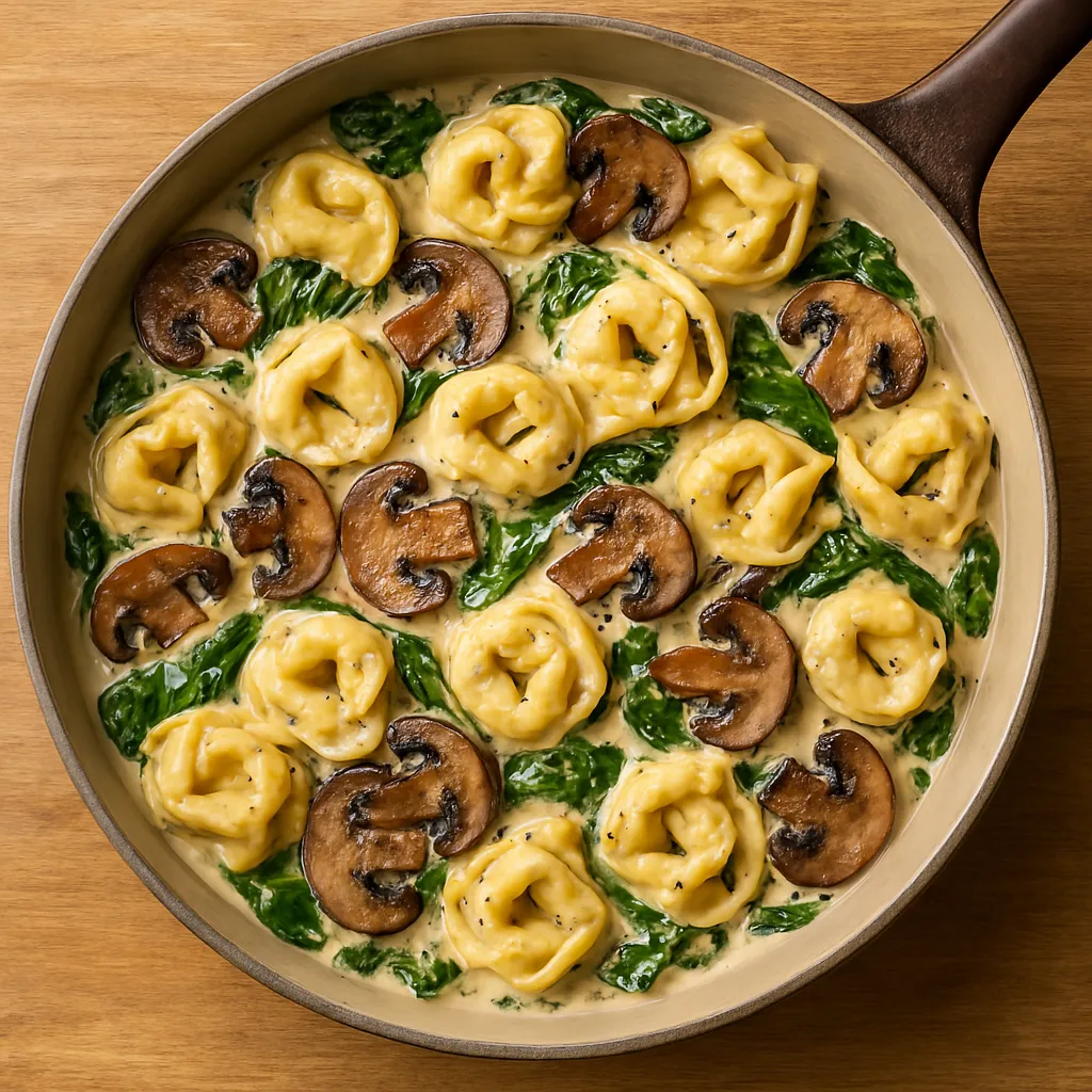 Creamy Spinach Mushroom Tortellini in a rich garlic parmesan sauce with sautéed mushrooms and fresh spinach