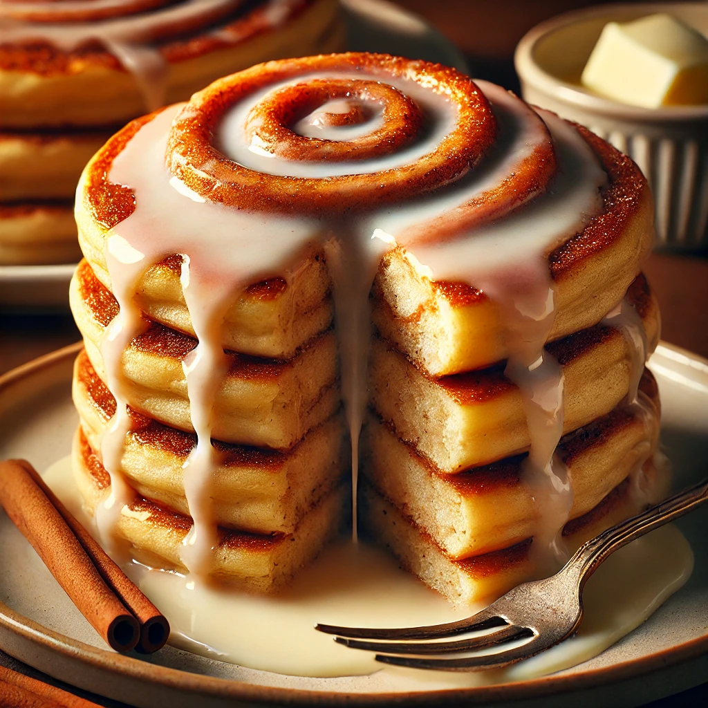 Fluffy cinnamon roll pancakes drizzled with sweet cinnamon glaze