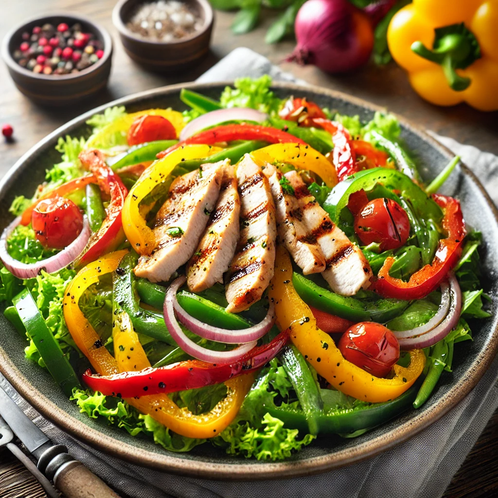 Grilled chicken fajita salad with seasoned chicken, bell peppers, and tangy dressing