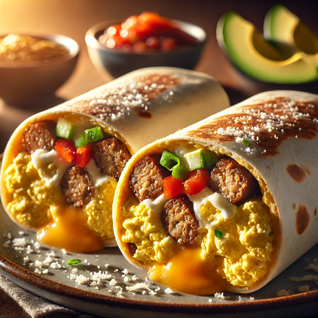 High-protein breakfast burritos filled with scrambled eggs, beans, cheese, and veggies
