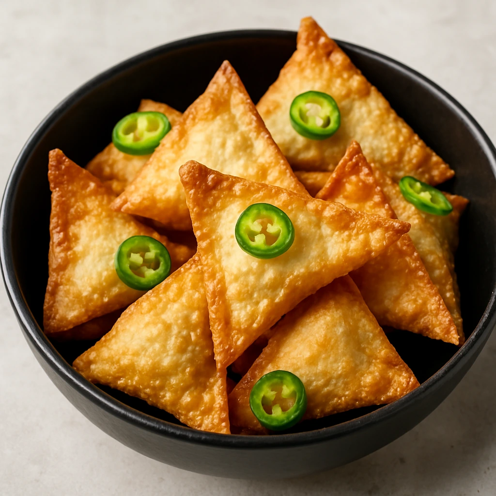 Jalapeño Popper Wontons filled with cream cheese, diced jalapeños, and bacon, air-fried until crispy