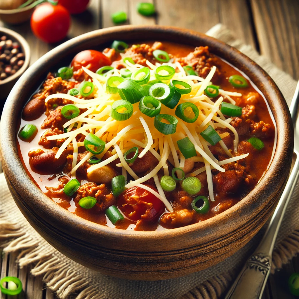 Low-carb beef chili with ground beef, tomatoes, and spices in a hearty, flavorful stew