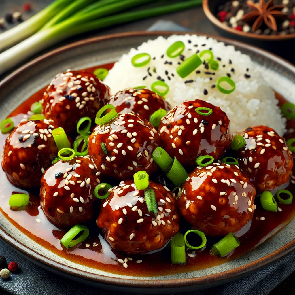 Mongolian beef meatballs with sticky sauce and green onions