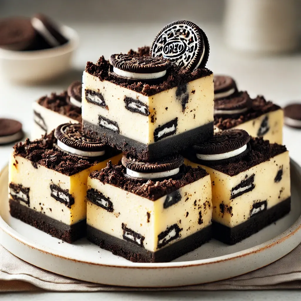 Oreo cheesecake bars with a creamy cheesecake filling and crunchy Oreo cookie crust