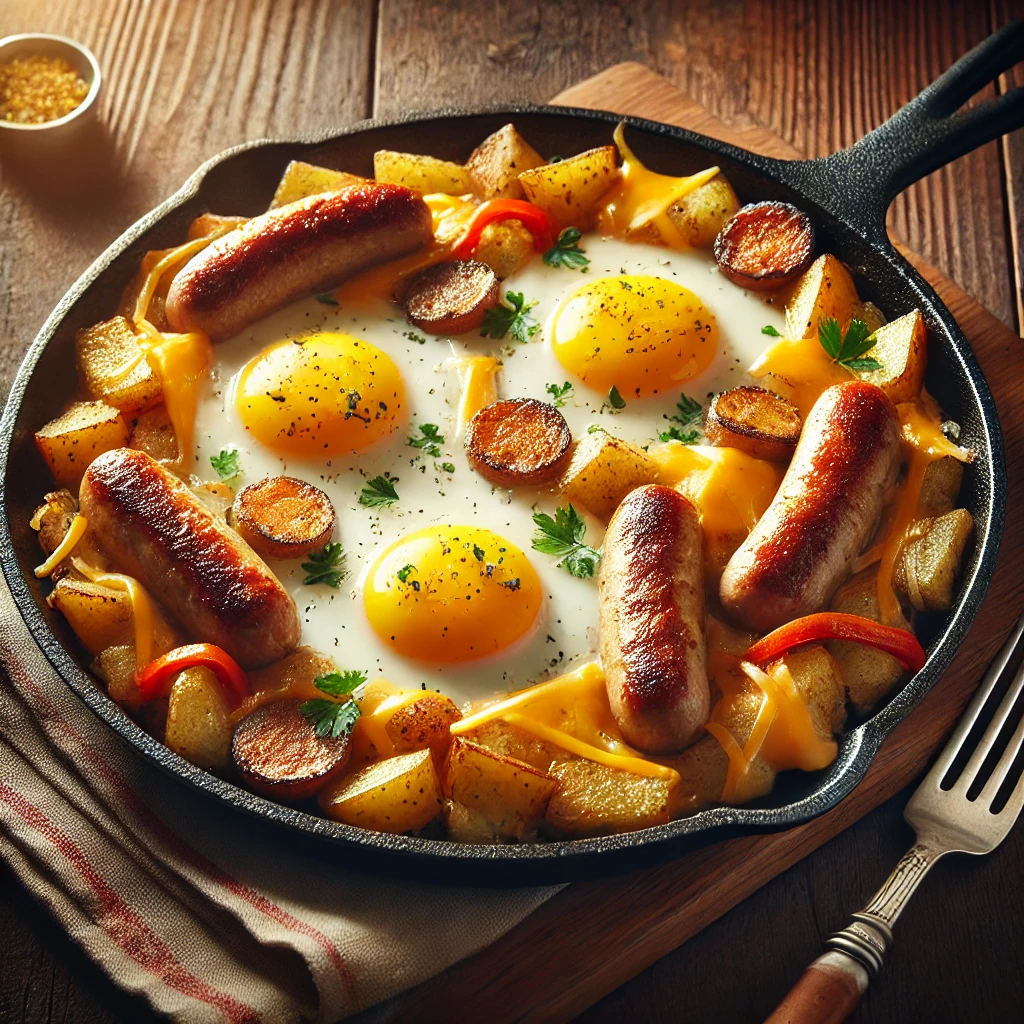 Savory high-protein breakfast skillet with eggs, veggies, and seasoned sausage