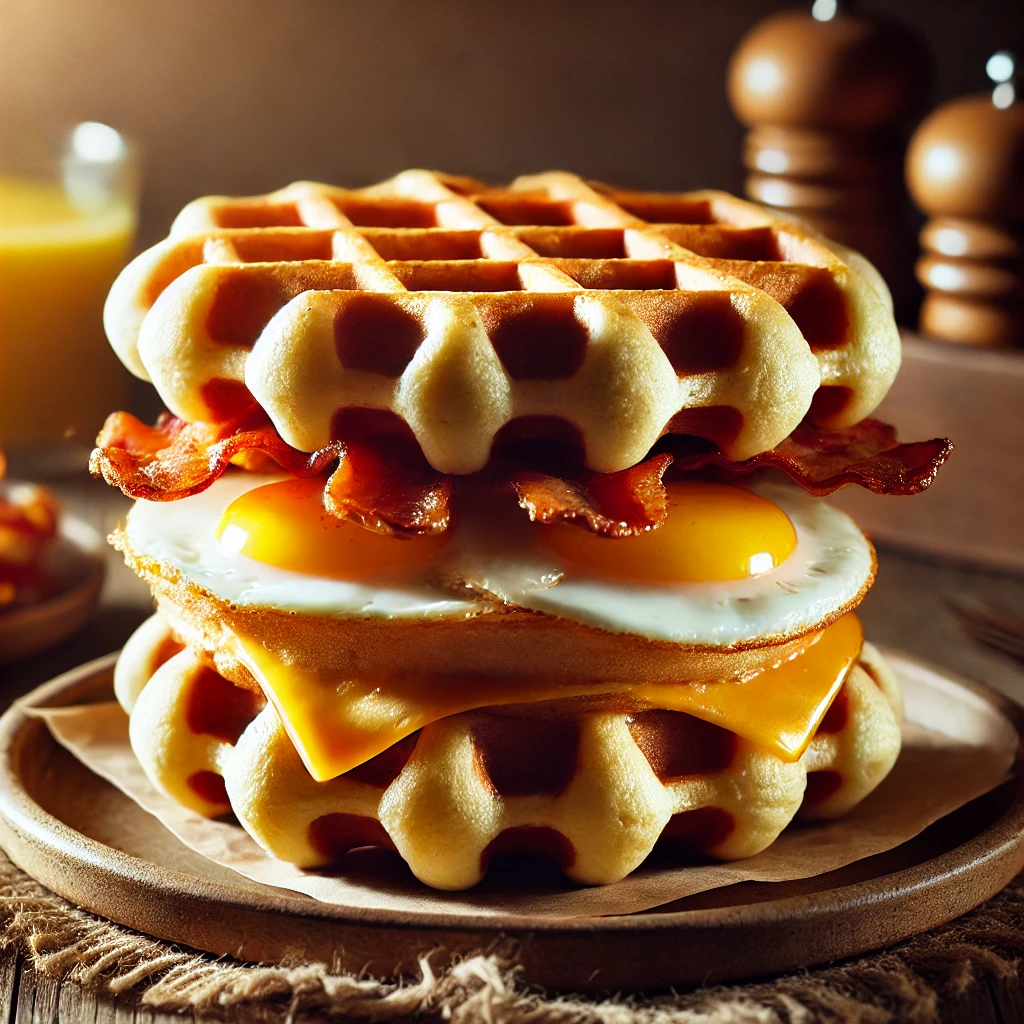 Savory waffle breakfast sandwich with eggs, cheese, and crispy bacon or sausage