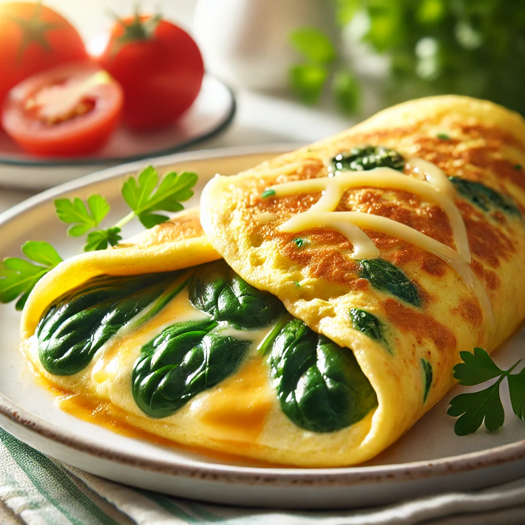 Spinach and cheese omelette with fresh spinach, melted cheese, and fluffy eggs