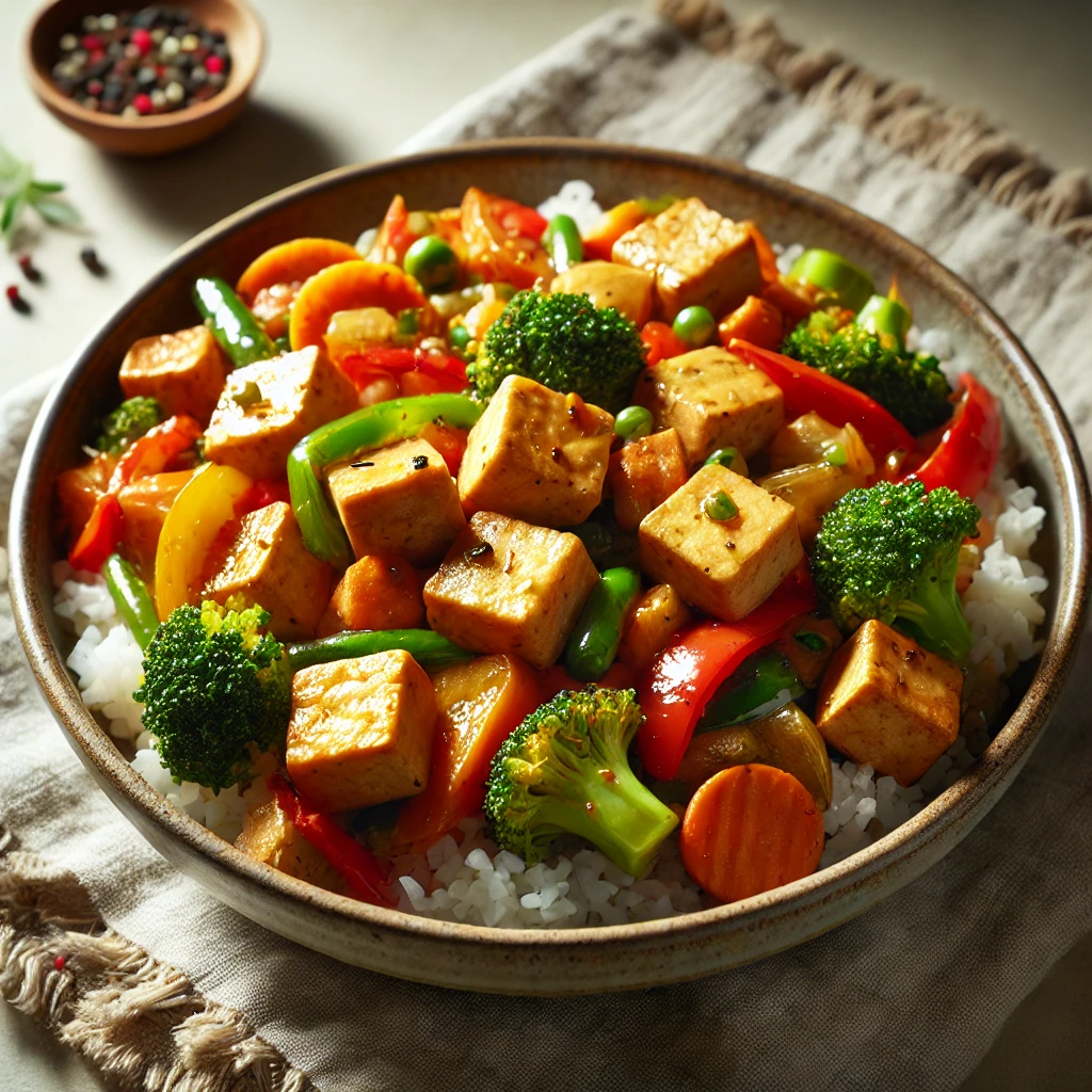 Stir-fried tofu and veggies with a savory soy sauce glaze and crisp textures