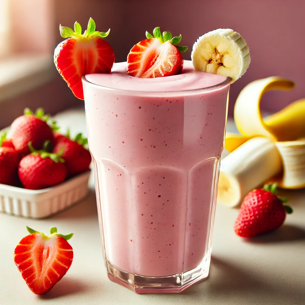 Strawberry banana protein smoothie with fresh strawberries, banana, and a protein boost