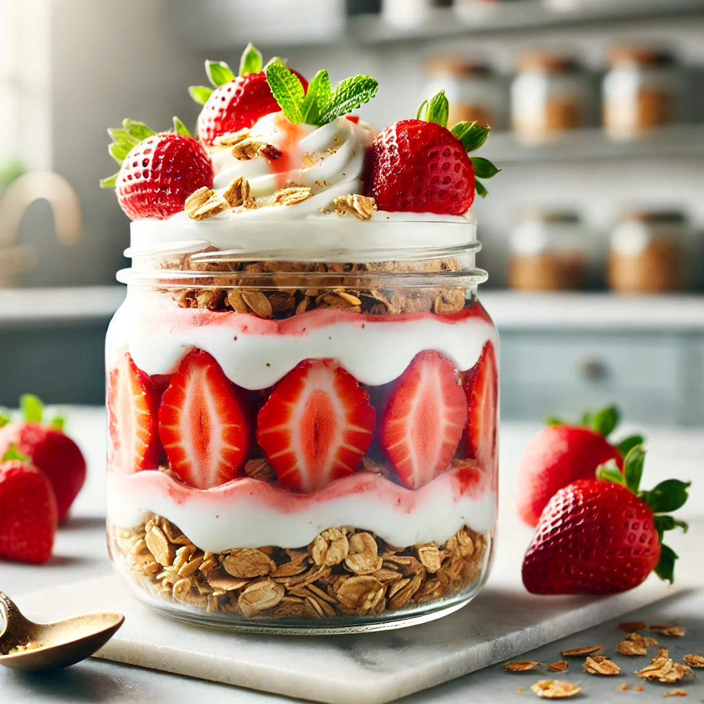 Strawberry shortcake protein parfait with layers of creamy yogurt, fresh strawberries, and protein