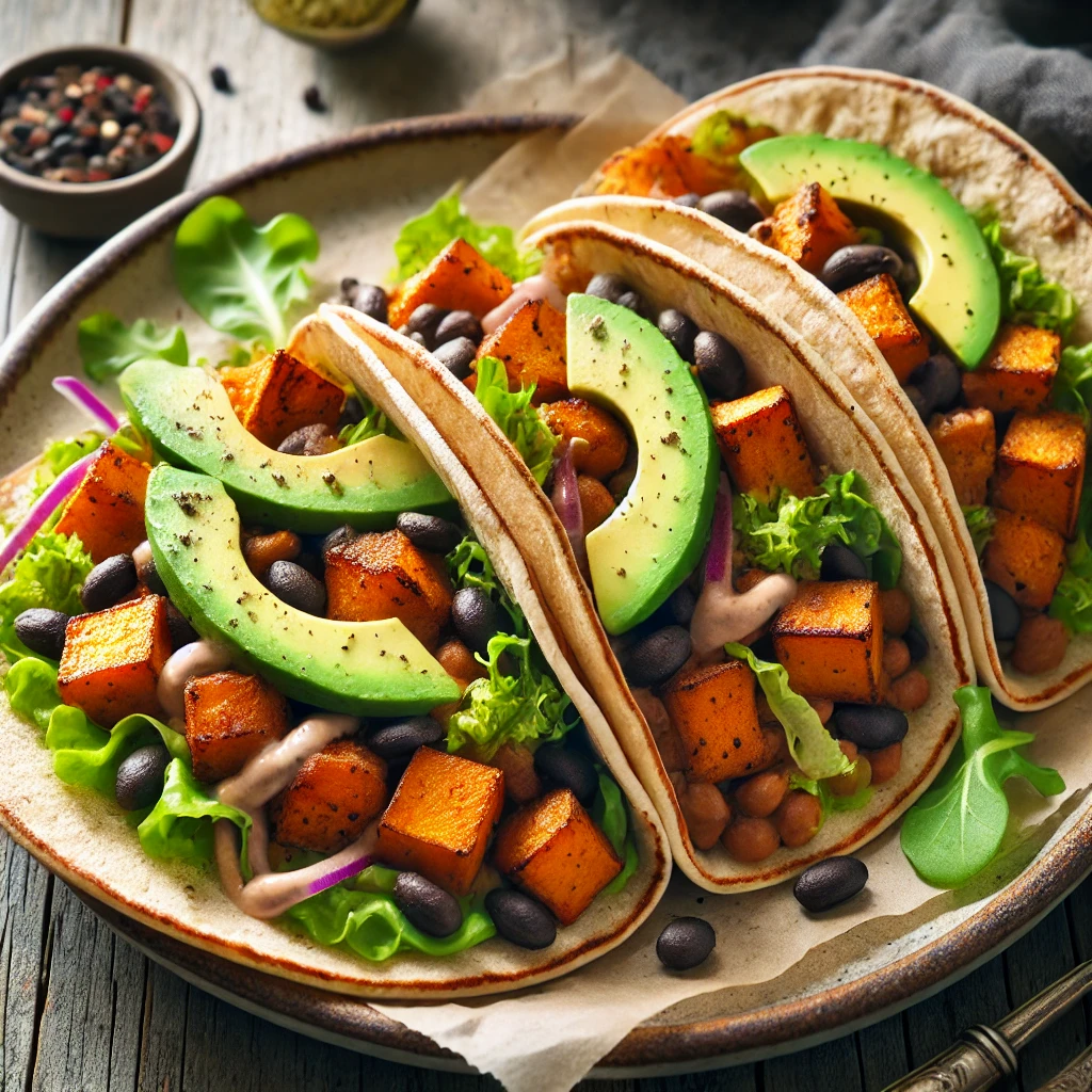 Sweet potato black bean tacos topped with fresh toppings and a zesty sauce