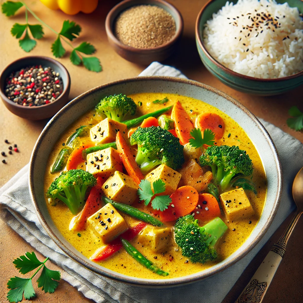 Thai-inspired coconut curry with tender vegetables, creamy coconut milk, and aromatic spices
