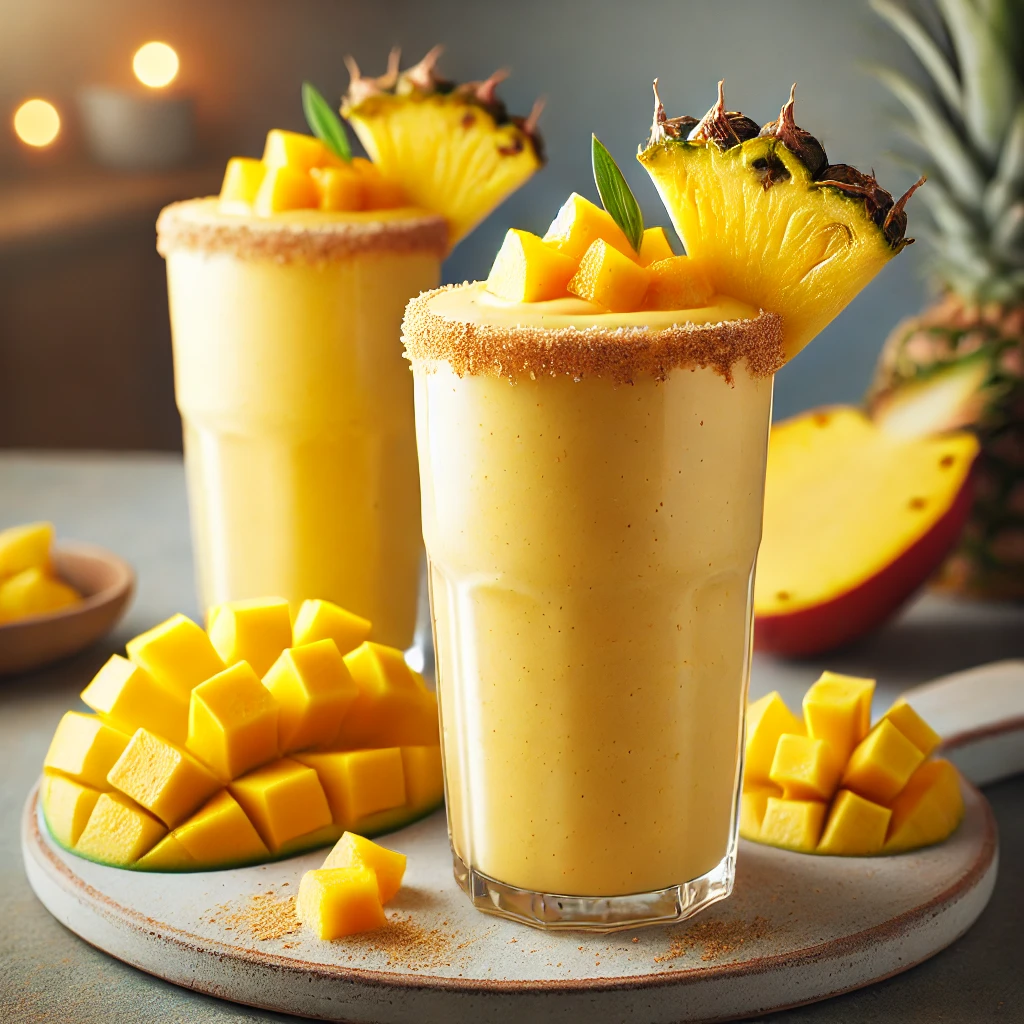Tropical mango pineapple shake with refreshing mango, pineapple, and creamy yogurt