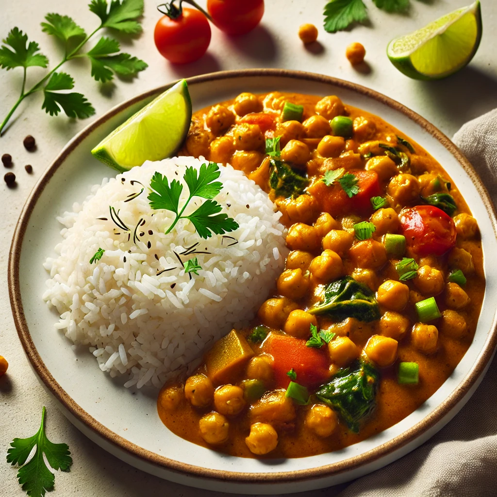 Vegan chickpea curry with aromatic spices, creamy sauce, and served over fluffy rice