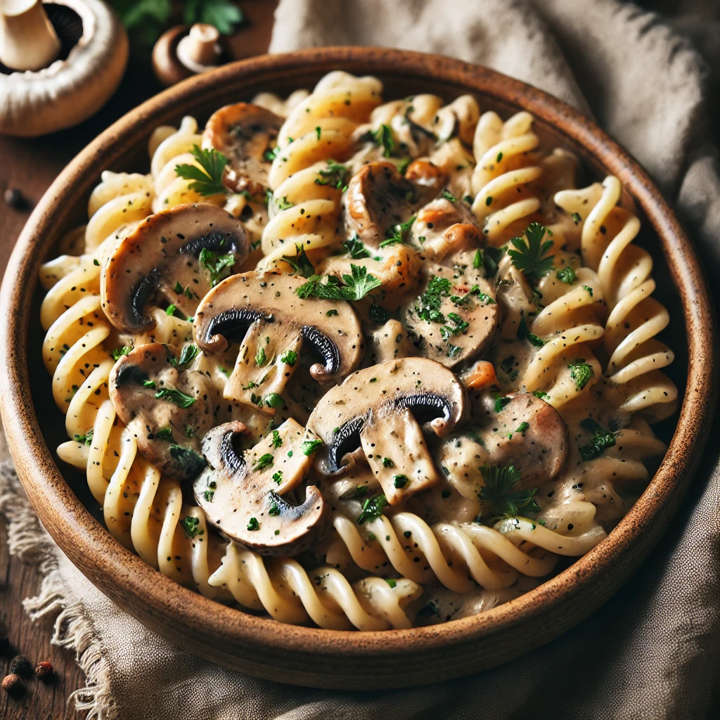 Vegan creamy mushroom pasta with a rich, dairy-free sauce and sautéed mushrooms