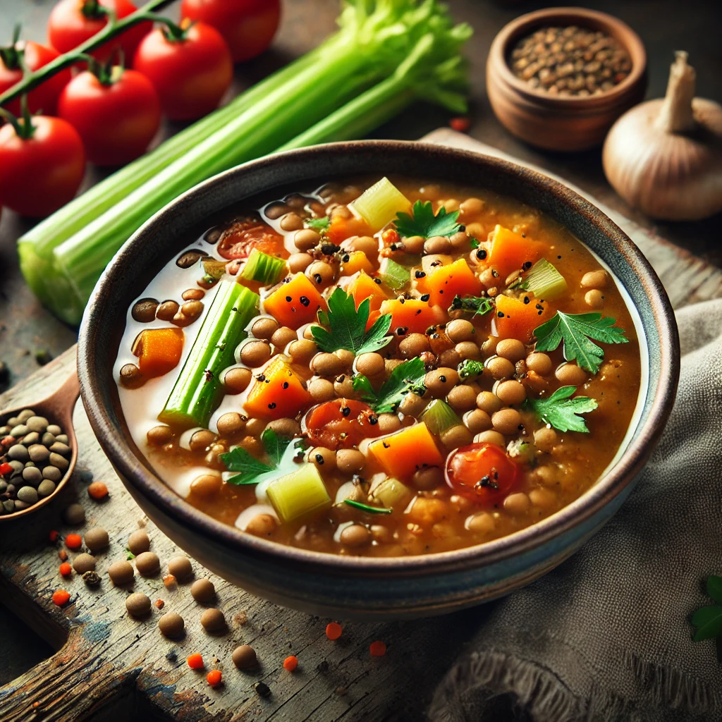 Hearty vegan lentil soup made with tender lentils, vegetables, and aromatic herbs