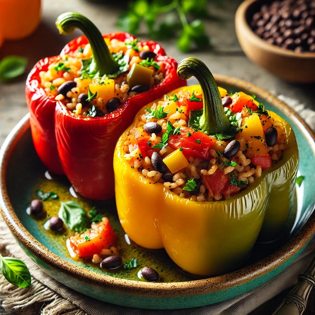 Vegan stuffed bell peppers filled with quinoa, vegetables, and savory spices