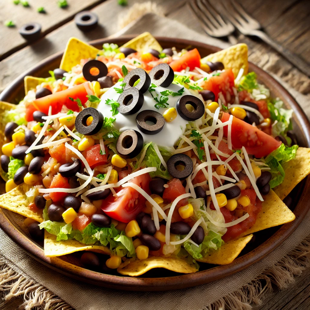 Vegetarian Mexican haystacks with layers of rice, beans, salsa, and fresh veggies