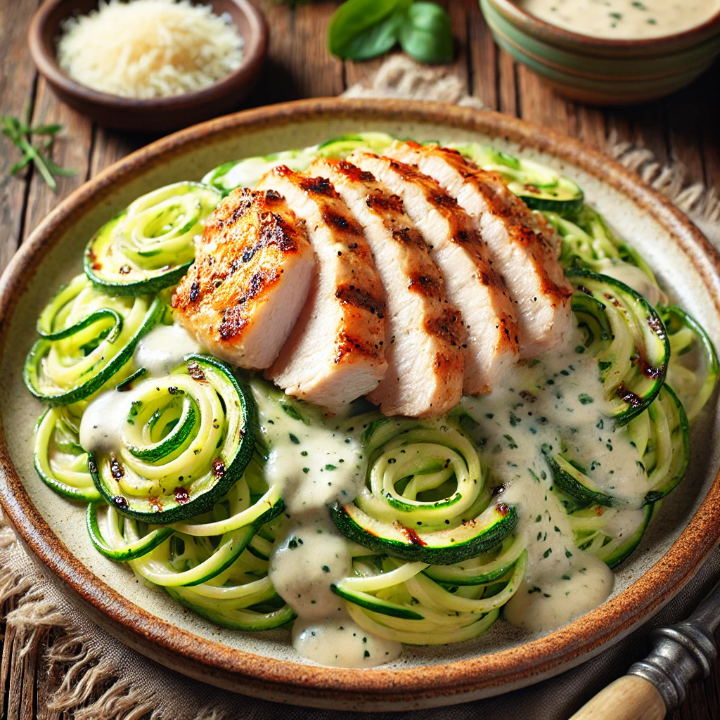 Zucchini noodles with chicken alfredo in a creamy, low-carb garlic parmesan sauce
