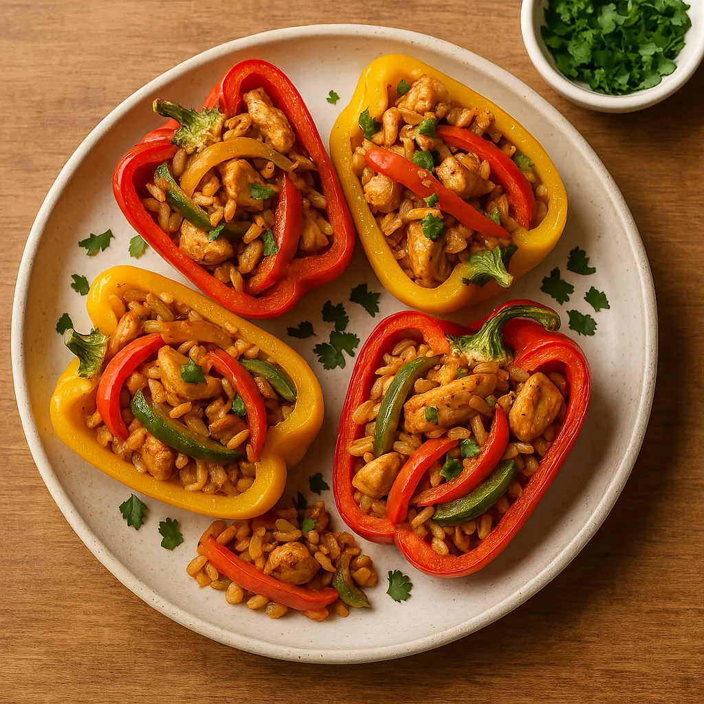 Chicken Fajita Stuffed Peppers filled with seasoned chicken, peppers, and melted cheese in a baked bell pepper shell