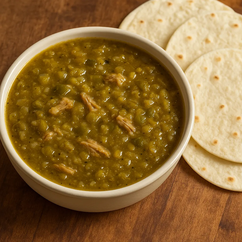 Pork Green Chili made with roasted peppers and tender pork, served with warm flour tortillas for dipping