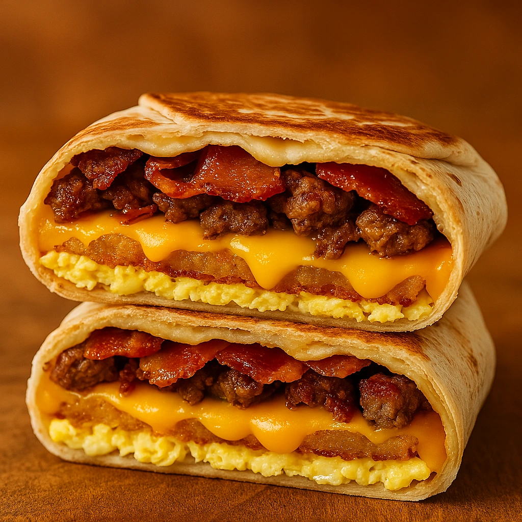 Breakfast Crunchwraps filled with scrambled eggs, bacon, sausage, cheese, and a crispy hash brown wrapped in a tortilla