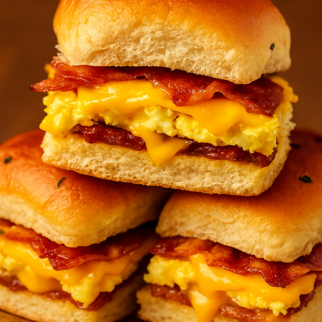 Cheesy Breakfast Sliders layered with eggs, melted cheese, and bacon or sausage on soft Hawaiian rolls