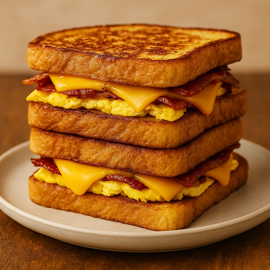 French Toast Sandwiches with cheesy scrambled eggs and crispy bacon between two slices of golden French toast