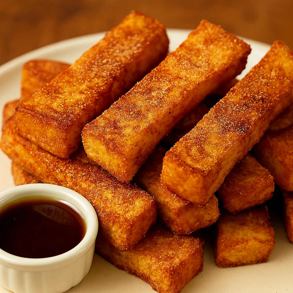 French Toast Sticks coated in cinnamon sugar, crispy on the outside and soft in the middle